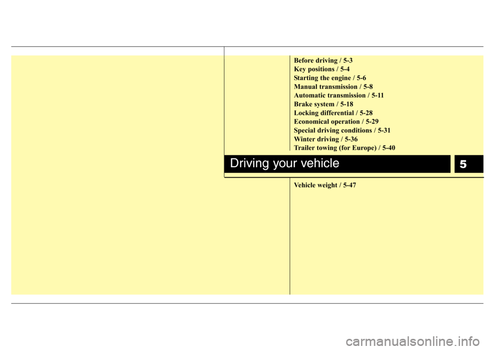 Hyundai H-1 (Grand Starex) 2011  Owners Manual - RHD (UK, Australia) 5
Before driving / 5-3 
Key positions / 5-4
Starting the engine / 5-6
Manual transmission / 5-8
Automatic transmission / 5-11
Brake system / 5-18
Locking differential / 5-28
Economical operation / 5-2