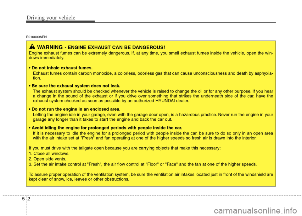Hyundai H-1 (Grand Starex) 2011  Owners Manual - RHD (UK, Australia) Driving your vehicle
2
5
E010000AEN
WARNING - ENGINE EXHAUST CAN BE DANGEROUS!
Engine exhaust fumes can be extremely dangerous. If, at any time, you smell exhaust fumes inside the vehicle, open the wi