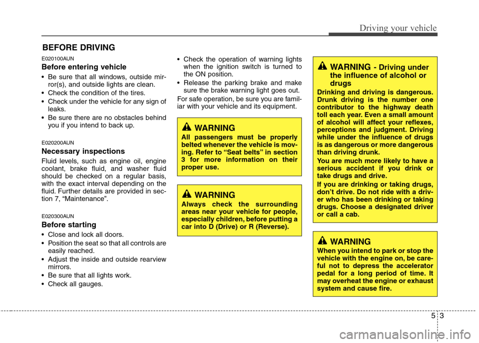 Hyundai H-1 (Grand Starex) 2011  Owners Manual - RHD (UK, Australia) 53
Driving your vehicle
E020100AUN 
Before entering vehicle 
• Be sure that all windows, outside mir-ror(s), and outside lights are clean.
 Check the condition of the tires. 
 Check under the vehicl