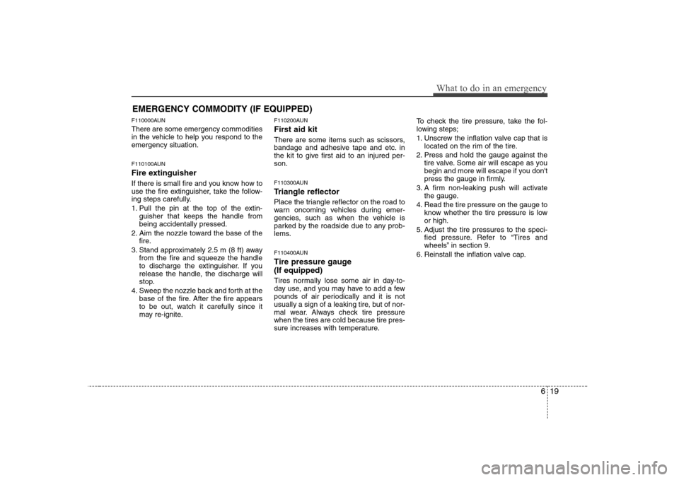 Hyundai H-1 (Grand Starex) 2011  Owners Manual - RHD (UK, Australia) 619
What to do in an emergency
EMERGENCY COMMODITY (IF EQUIPPED) 
F110000AUN There are some emergency commodities 
in the vehicle to help you respond to theemergency situation. 
F110100AUN 
Fire extin