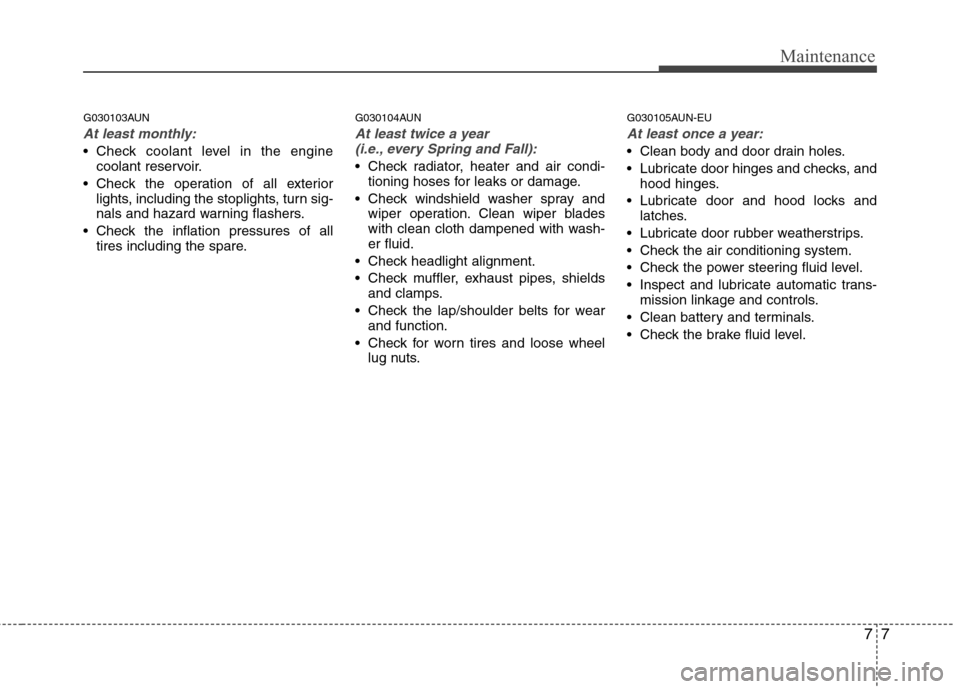Hyundai H-1 (Grand Starex) 2011 Owners Manual - RHD (UK, Australia) 77
Maintenance
G030103AUN
At least monthly:
Check coolant level in the enginecoolant reservoir.
Check the operation of all exterior lights, including the stoplights, turn sig-
nals and hazard warni Hyundai H-1 (Grand Starex) 2011 Owners Manual - RHD (UK, Australia) 77
Maintenance
G030103AUN
At least monthly:
Check coolant level in the enginecoolant reservoir.
Check the operation of all exterior lights, including the stoplights, turn sig-
nals and hazard warni