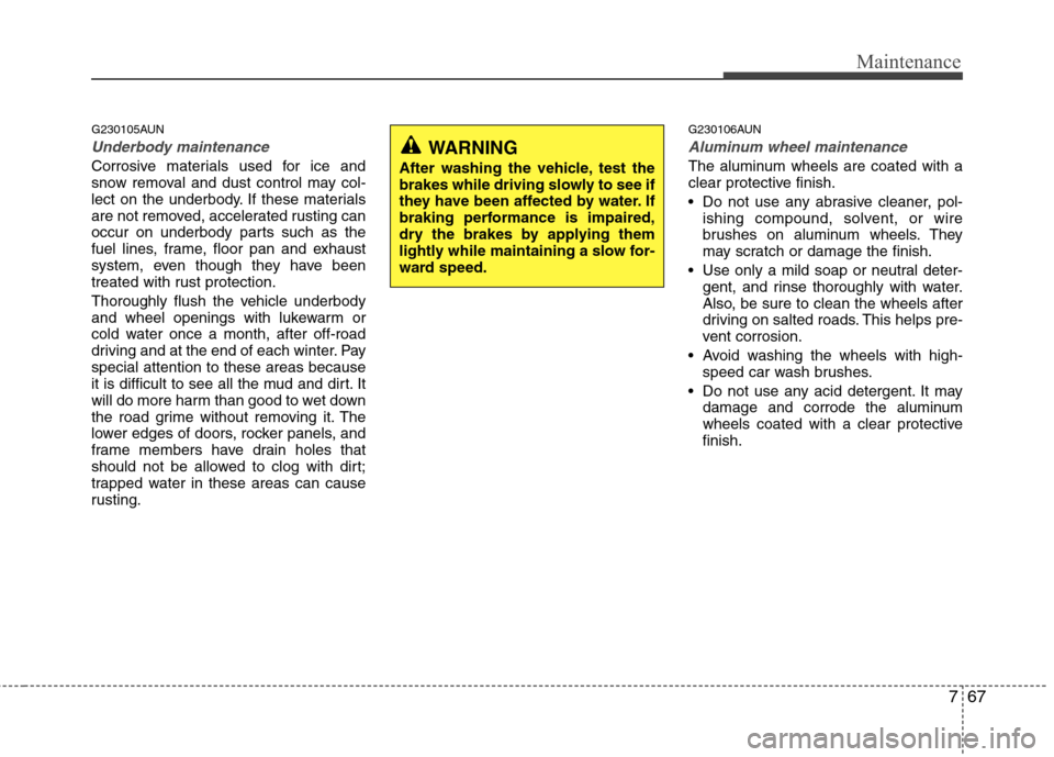 Hyundai H-1 (Grand Starex) 2011  Owners Manual - RHD (UK, Australia) 767
Maintenance
G230105AUN
Underbody maintenance
Corrosive materials used for ice and 
snow removal and dust control may col-
lect on the underbody. If these materials
are not removed, accelerated rus