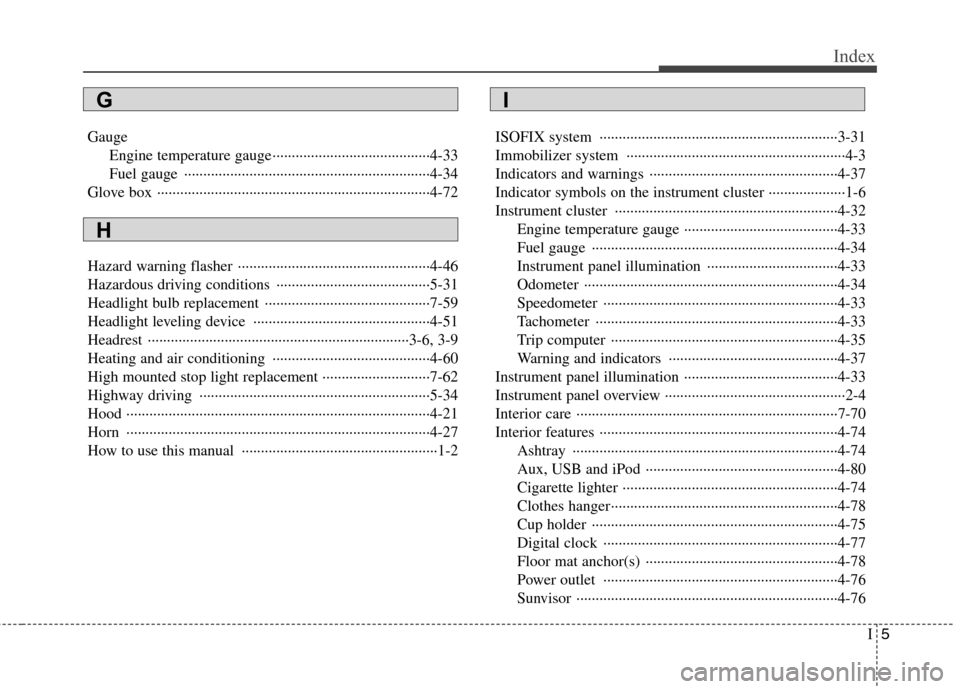 Hyundai H-1 (Grand Starex) 2011  Owners Manual - RHD (UK, Australia) I5
Index
Gauge
Engine temperature gauge ·········································4-33 
Fuel gauge  ······························