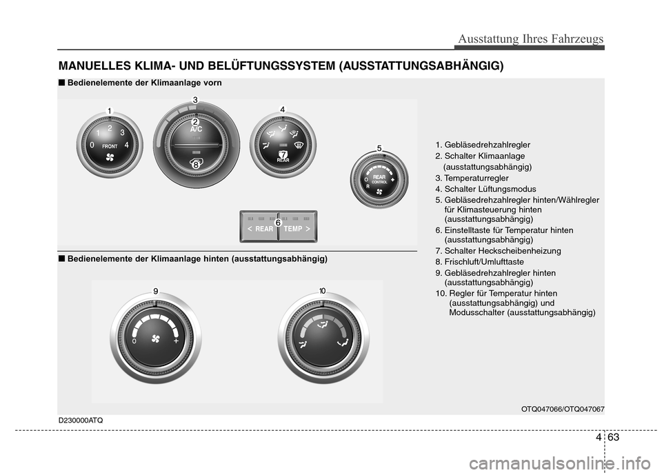 Hyundai H-1 (Grand Starex) 2011 Betriebsanleitung (in German) 463
Ausstattung Ihres Fahrzeugs
MANUELLES KLIMA- UND BELÜFTUNGSSYSTEM (AUSSTATTUNGSABHÄNGIG)
OTQ047066/OTQ047067
1. Gebläsedrehzahlregler
2. Schalter Klimaanlage(ausstattungsabhängig)
3. Temperat Hyundai H-1 (Grand Starex) 2011 Betriebsanleitung (in German) 463
Ausstattung Ihres Fahrzeugs
MANUELLES KLIMA- UND BELÜFTUNGSSYSTEM (AUSSTATTUNGSABHÄNGIG)
OTQ047066/OTQ047067
1. Gebläsedrehzahlregler
2. Schalter Klimaanlage(ausstattungsabhängig)
3. Temperat