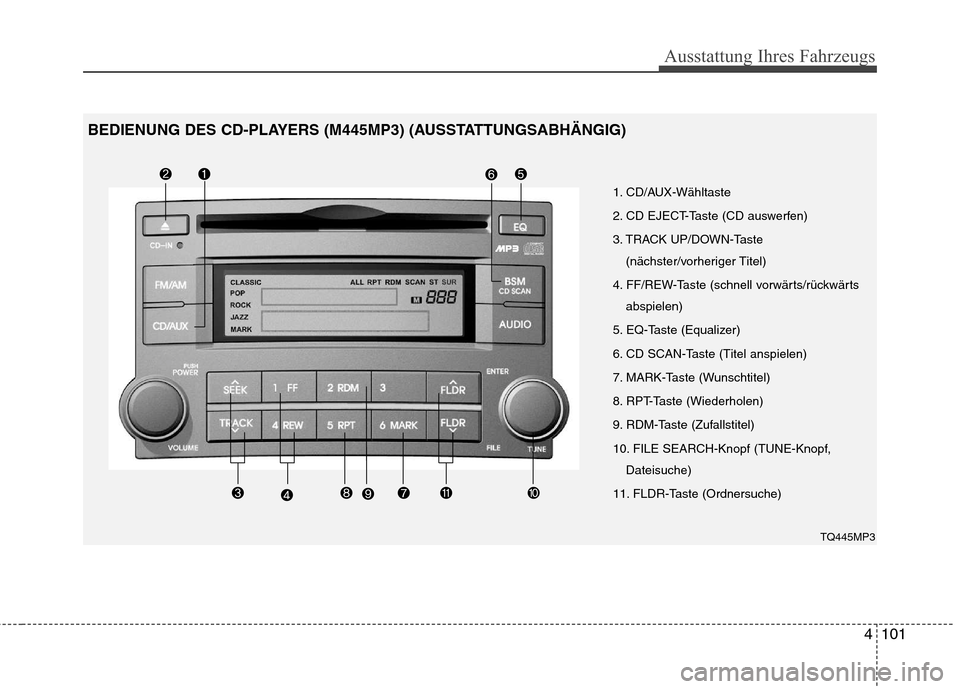 Hyundai H-1 (Grand Starex) 2011  Betriebsanleitung (in German) 4101
Ausstattung Ihres Fahrzeugs
1. CD/AUX-Wähltaste 
2. CD EJECT-Taste (CD auswerfen)
3. TRACK UP/DOWN-Taste(nächster/vorheriger Titel)
4. FF/REW-Taste (schnell vorwärts/rückwärts abspielen)
5. 