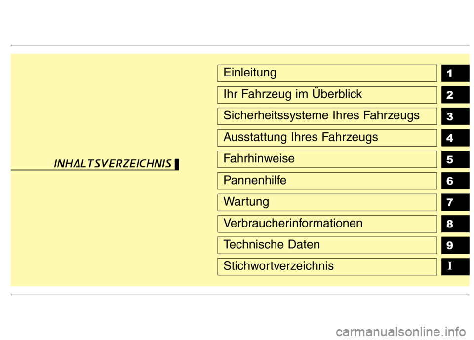 Hyundai H-1 (Grand Starex) 2011  Betriebsanleitung (in German) 1 2 3 4 5 6 789Einleitung
Ihr Fahrzeug im Überblick
Sicherheitssysteme Ihres Fahrzeugs
Ausstattung Ihres Fahrzeugs
Fahrhinweise
Pannenhilfe
Wartung
Verbraucherinformationen
Technische Daten
IStichwor