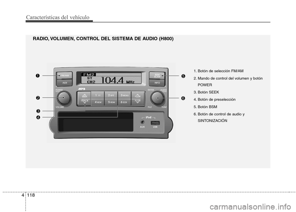 Hyundai H-1 (Grand Starex) 2011 Manual del propietario (in Spanish) Características del vehículo
118
4
RADIO, VOLUMEN, CONTROL DEL SISTEMA DE AUDIO (H800)
1. Botón de selección FM/AM
2. Mando de control del volumen y botónPOWER
3. Botón SEEK
4. Botón de presel Hyundai H-1 (Grand Starex) 2011 Manual del propietario (in Spanish) Características del vehículo
118
4
RADIO, VOLUMEN, CONTROL DEL SISTEMA DE AUDIO (H800)
1. Botón de selección FM/AM
2. Mando de control del volumen y botónPOWER
3. Botón SEEK
4. Botón de presel