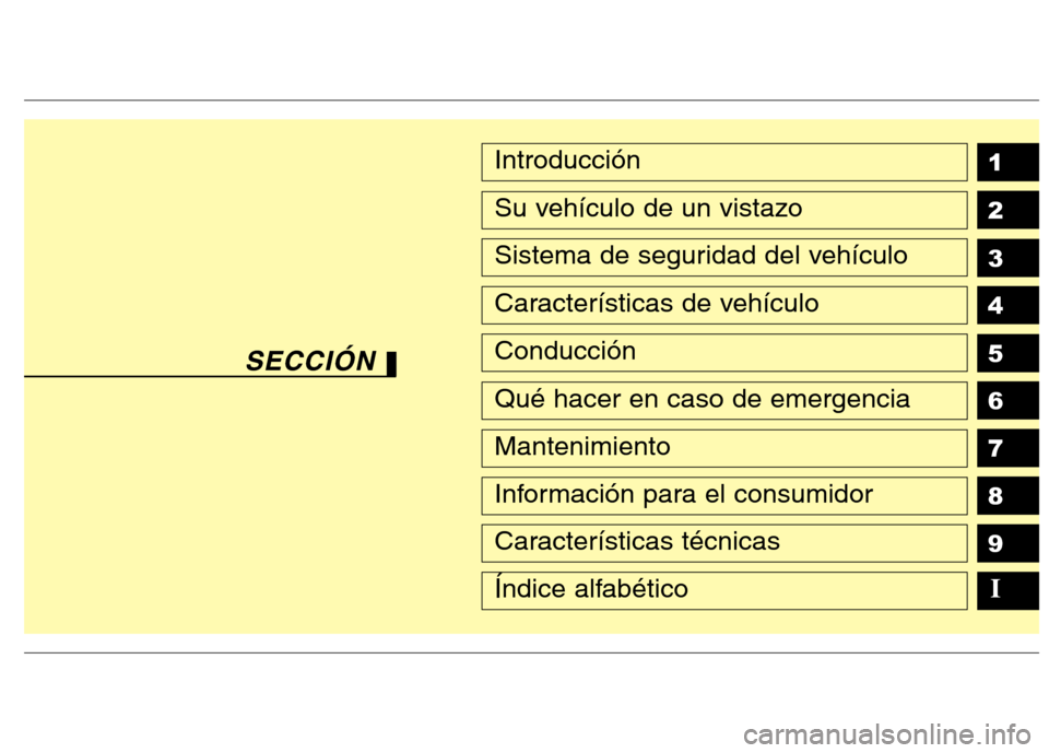Hyundai H-1 (Grand Starex) 2011  Manual del propietario (in Spanish) 1 2 3 4 5 6 789Introducción
Su vehículo de un vistazo
Sistema de seguridad del vehículo
Características de vehículo
Conducción
Qué hacer en caso de emergencia
Mantenimiento
Información para el