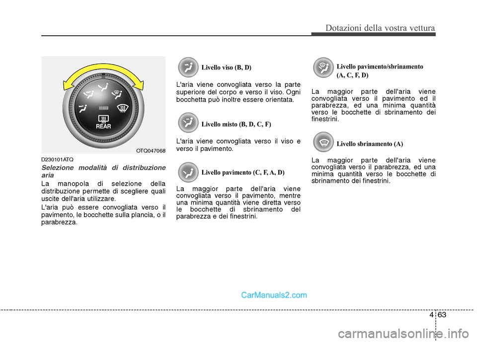 Hyundai H-1 (Grand Starex) 2011 Manuale del proprietario (in Italian) 463
Dotazioni della vostra vettura
D230101ATQ
Selezione modalità di distribuzionearia
La manopola di selezione della
distribuzione permette di scegliere quali
uscite dellaria utilizzare.
Laria pu Hyundai H-1 (Grand Starex) 2011 Manuale del proprietario (in Italian) 463
Dotazioni della vostra vettura
D230101ATQ
Selezione modalità di distribuzionearia
La manopola di selezione della
distribuzione permette di scegliere quali
uscite dellaria utilizzare.
Laria pu