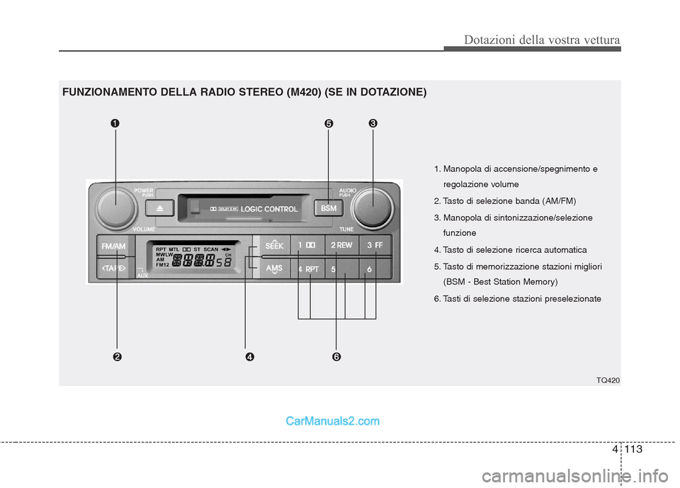 Hyundai H-1 (Grand Starex) 2011 Manuale del proprietario (in Italian) 4113
Dotazioni della vostra vettura
1. Manopola di accensione/spegnimento eregolazione volume
2. Tasto di selezione banda (AM/FM)
3. Manopola di sintonizzazione/selezione funzione
4. Tasto di selezio Hyundai H-1 (Grand Starex) 2011 Manuale del proprietario (in Italian) 4113
Dotazioni della vostra vettura
1. Manopola di accensione/spegnimento eregolazione volume
2. Tasto di selezione banda (AM/FM)
3. Manopola di sintonizzazione/selezione funzione
4. Tasto di selezio