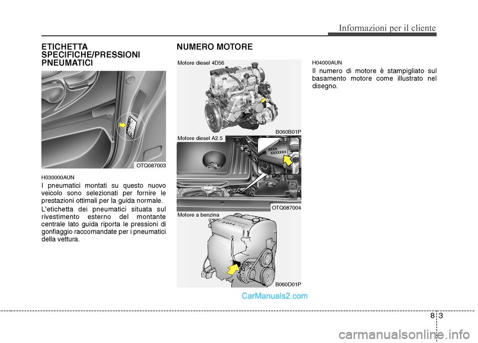 Hyundai H-1 (Grand Starex) 2011  Manuale del proprietario (in Italian) 83
Informazioni per il cliente
ETICHETTA SPECIFICHE/PRESSIONI
PNEUMATICI 
H030000AUN 
I pneumatici montati su questo nuovo 
veicolo sono selezionati per fornire le
prestazioni ottimali per la guida no
