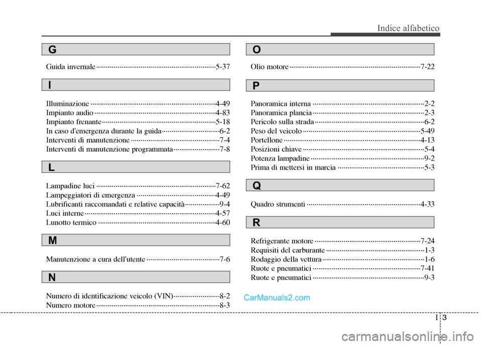Hyundai H-1 (Grand Starex) 2011 Manuale del proprietario (in Italian) I3
Indice alfabetico
Guida invernale ······························································5-37
Illuminazione ········· Hyundai H-1 (Grand Starex) 2011 Manuale del proprietario (in Italian) I3
Indice alfabetico
Guida invernale ······························································5-37
Illuminazione ·········Â