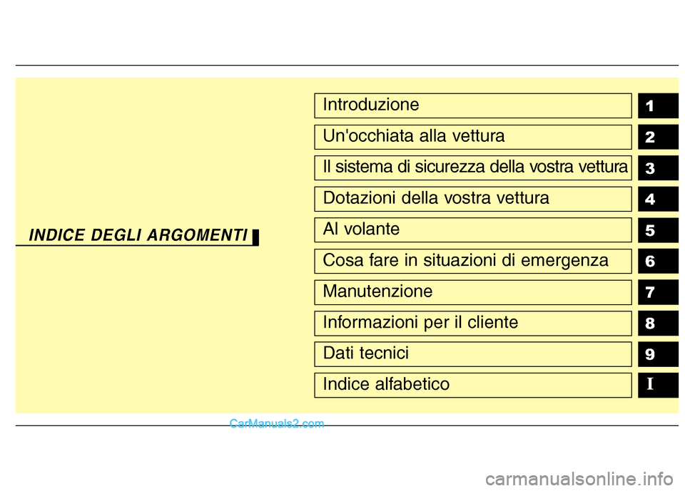 Hyundai H-1 (Grand Starex) 2011  Manuale del proprietario (in Italian) 1 2 3 4 5 6 789Introduzione
Unocchiata alla vettura
Il sistema di sicurezza della vostra vettura
Dotazioni della vostra vettura
Al volante
Cosa fare in situazioni di emergenza
Manutenzione
Informazio