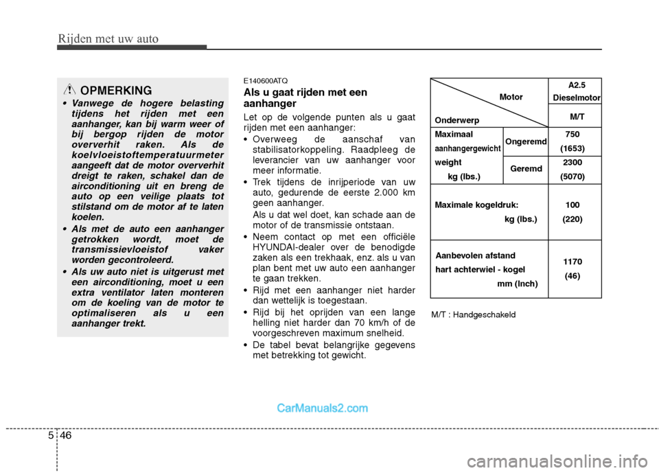 Hyundai H-1 (Grand Starex) 2011  Handleiding (in Dutch) Rijden met uw auto
46
5
E140600ATQ Als u gaat rijden met een 
aanhanger 
Let op de volgende punten als u gaat 
rijden met een aanhanger: 
 Overweeg de aanschaf van
stabilisatorkoppeling. Raadpleeg de 