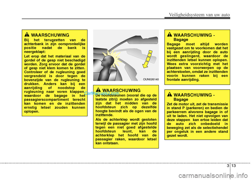 Hyundai H-1 (Grand Starex) 2011  Handleiding (in Dutch) 313
Veiligheidsysteem van uw auto
WAARSCHUWING-
Bagage
Bagage moet altijd worden 
vastgezet om te voorkomen dat hetbij een aanrijding door de auto
wordt geslingerd, waardoor deinzittenden letsel kunne