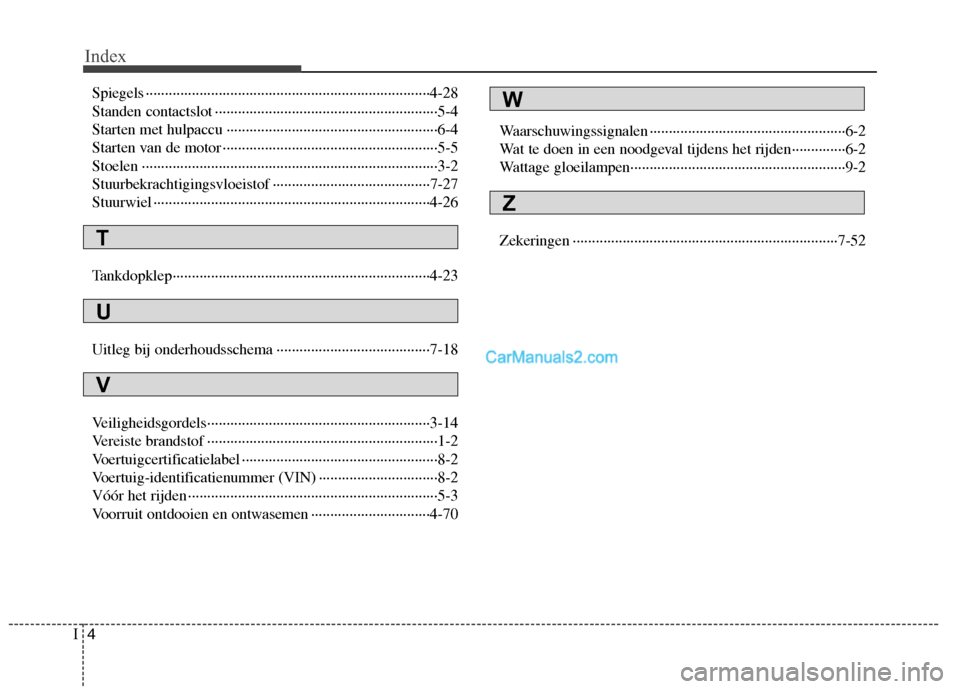 Hyundai H-1 (Grand Starex) 2011  Handleiding (in Dutch) Index
4
I
Spiegels ··········································································4-28 
Standen contactslot ···