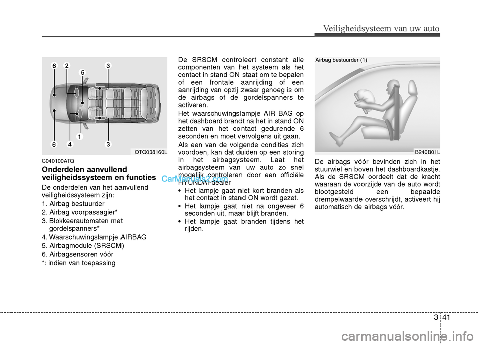 Hyundai H-1 (Grand Starex) 2011 Handleiding (in Dutch) 341
Veiligheidsysteem van uw auto
C040100ATQ
Onderdelen aanvullend veiligheidssysteem en functies
De onderdelen van het aanvullend
veiligheidssysteem zijn:
1. Airbag bestuurder
2. Airbag voorpassa Hyundai H-1 (Grand Starex) 2011 Handleiding (in Dutch) 341
Veiligheidsysteem van uw auto
C040100ATQ
Onderdelen aanvullend veiligheidssysteem en functies
De onderdelen van het aanvullend
veiligheidssysteem zijn:
1. Airbag bestuurder
2. Airbag voorpassa