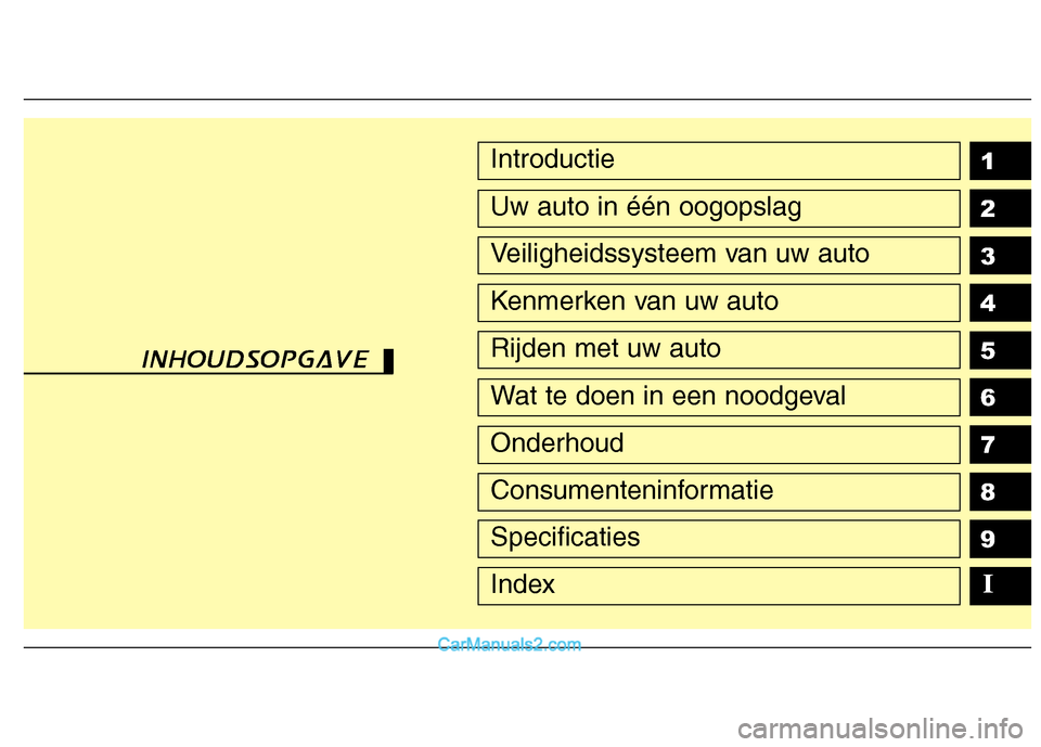Hyundai H-1 (Grand Starex) 2011  Handleiding (in Dutch) 1 2 3 4 5 6 789Introductie
Uw auto in één oogopslag
Veiligheidssysteem van uw auto
Kenmerken van uw auto
Rijden met uw auto
Wat te doen in een noodgeval
Onderhoud
Consumenteninformatie
Specificaties