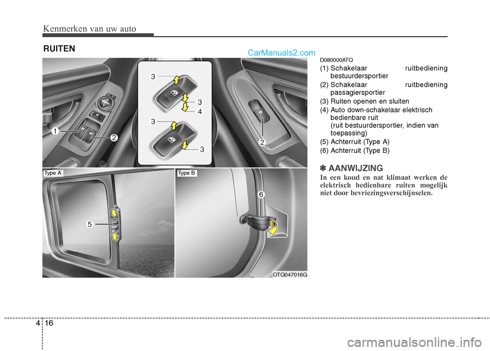 Hyundai H-1 (Grand Starex) 2011 Handleiding (in Dutch) Kenmerken van uw auto
16
4
D080000ATQ (1) Schakelaar ruitbediening
bestuurdersportier
(2) Schakelaar ruitbediening
passagiersportier
(3) Ruiten openen en sluiten
(4) Auto down-schakelaar elektrisc Hyundai H-1 (Grand Starex) 2011 Handleiding (in Dutch) Kenmerken van uw auto
16
4
D080000ATQ (1) Schakelaar ruitbediening
bestuurdersportier
(2) Schakelaar ruitbediening
passagiersportier
(3) Ruiten openen en sluiten
(4) Auto down-schakelaar elektrisc