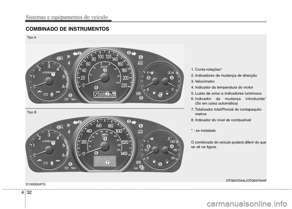 Hyundai H-1 (Grand Starex) 2011 Manual do proprietário (in Portuguese) Sistemas e equipamentos do veículo
32
4
COMBINADO DE INSTRUMENTOS
1. Conta-rotações*
2. Indicadores de mudança de direcção
3. Velocímetro
4. Indicador da temperatura do motor
5. Luzes de aviso Hyundai H-1 (Grand Starex) 2011 Manual do proprietário (in Portuguese) Sistemas e equipamentos do veículo
32
4
COMBINADO DE INSTRUMENTOS
1. Conta-rotações*
2. Indicadores de mudança de direcção
3. Velocímetro
4. Indicador da temperatura do motor
5. Luzes de aviso