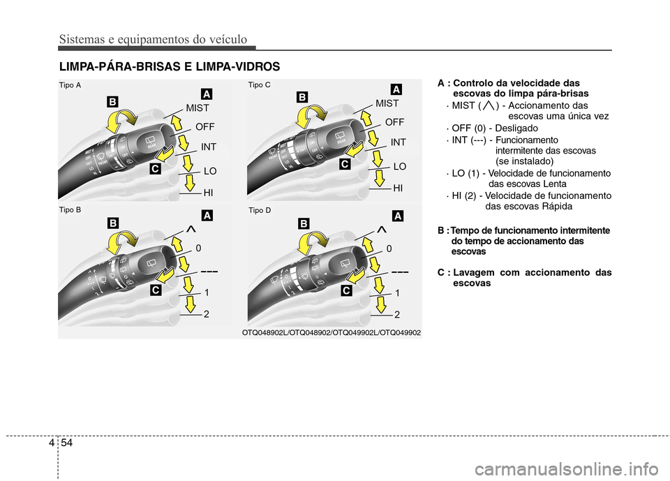 Hyundai H-1 (Grand Starex) 2011 Manual do proprietário (in Portuguese) Sistemas e equipamentos do veículo
54
4
A : Controlo da velocidade das
escovas do limpa pára-brisas
· MIST ( ) - Accionamento das
escovas uma única vez
· OFF (0) - Desligado · INT (---) -
Func Hyundai H-1 (Grand Starex) 2011 Manual do proprietário (in Portuguese) Sistemas e equipamentos do veículo
54
4
A : Controlo da velocidade das
escovas do limpa pára-brisas
· MIST ( ) - Accionamento das
escovas uma única vez
· OFF (0) - Desligado · INT (---) -
Func