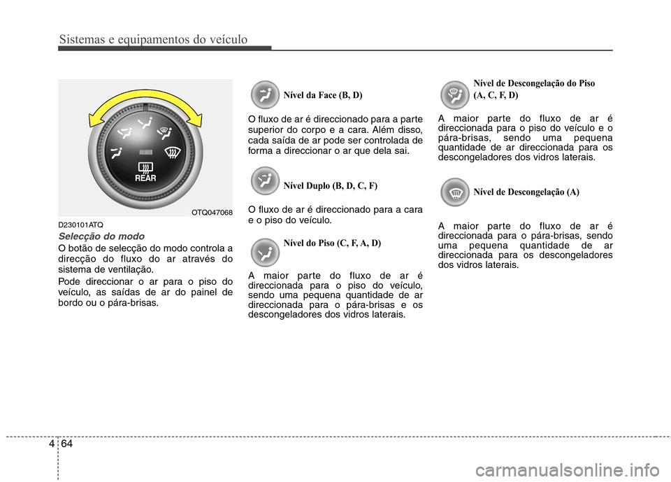 Hyundai H-1 (Grand Starex) 2011 Manual do proprietário (in Portuguese) Sistemas e equipamentos do veículo
64
4
D230101ATQ
Selecção do modo
O botão de selecção do modo controla a
direcção do fluxo do ar através do
sistema de ventilação.
Pode direccionar o ar Hyundai H-1 (Grand Starex) 2011 Manual do proprietário (in Portuguese) Sistemas e equipamentos do veículo
64
4
D230101ATQ
Selecção do modo
O botão de selecção do modo controla a
direcção do fluxo do ar através do
sistema de ventilação.
Pode direccionar o ar