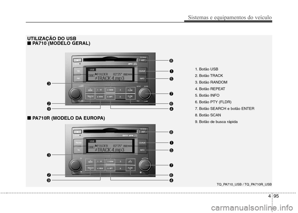 Hyundai H-1 (Grand Starex) 2011 Manual do proprietário (in Portuguese) 495
Sistemas e equipamentos do veículo
1. Botão USB
2. Botão TRACK
3. Botão RANDOM
4. Botão REPEAT
5. Botão INFO
6. Botão PTY (FLDR)
7. Botão SEARCH e botão ENTER
8. Botão SCAN
9. Bot Hyundai H-1 (Grand Starex) 2011 Manual do proprietário (in Portuguese) 495
Sistemas e equipamentos do veículo
1. Botão USB
2. Botão TRACK
3. Botão RANDOM
4. Botão REPEAT
5. Botão INFO
6. Botão PTY (FLDR)
7. Botão SEARCH e botão ENTER
8. Botão SCAN
9. Bot