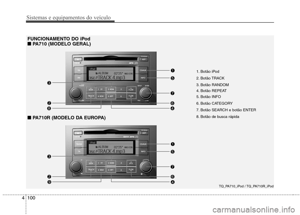 Hyundai H-1 (Grand Starex) 2011 Manual do proprietário (in Portuguese) Sistemas e equipamentos do veículo
100
4
FUNCIONAMENTO DO iPod
■
■ PA710 (MODELO GERAL)
■■PA710R (MODELO DA EUROPA)
1. Botão iPod
2. Botão TRACK
3. Botão RANDOM
4. Botão REPEAT
5. Bot Hyundai H-1 (Grand Starex) 2011 Manual do proprietário (in Portuguese) Sistemas e equipamentos do veículo
100
4
FUNCIONAMENTO DO iPod
■
■ PA710 (MODELO GERAL)
■■PA710R (MODELO DA EUROPA)
1. Botão iPod
2. Botão TRACK
3. Botão RANDOM
4. Botão REPEAT
5. Bot