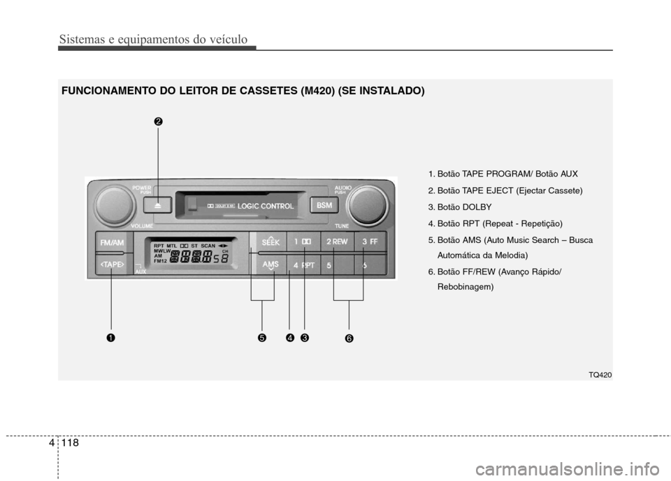 Hyundai H-1 (Grand Starex) 2011 Manual do proprietário (in Portuguese) Sistemas e equipamentos do veículo
118
4
1. Botão TAPE PROGRAM/ Botão AUX
2. Botão TAPE EJECT (Ejectar Cassete)
3. Botão DOLBY
4. Botão RPT (Repeat - Repetição)
5. Botão AMS (Auto Music Sear Hyundai H-1 (Grand Starex) 2011 Manual do proprietário (in Portuguese) Sistemas e equipamentos do veículo
118
4
1. Botão TAPE PROGRAM/ Botão AUX
2. Botão TAPE EJECT (Ejectar Cassete)
3. Botão DOLBY
4. Botão RPT (Repeat - Repetição)
5. Botão AMS (Auto Music Sear