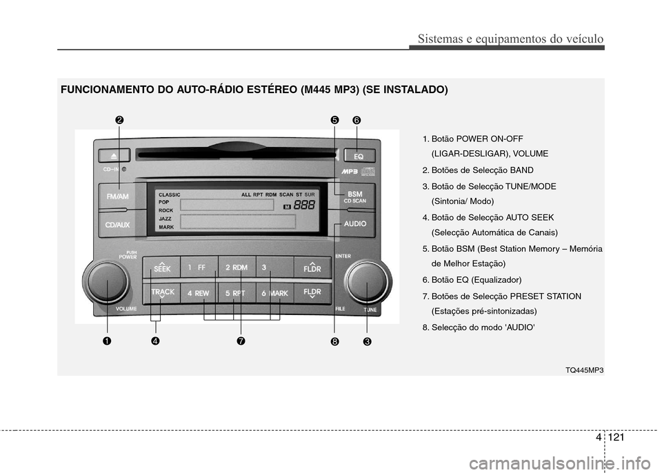 Hyundai H-1 (Grand Starex) 2011 Manual do proprietário (in Portuguese) 4121
Sistemas e equipamentos do veículo
1. Botão POWER ON-OFF (LIGAR-DESLIGAR), VOLUME
2. Botões de Selecção BAND
3. Botão de Selecção TUNE/MODE (Sintonia/ Modo)
4. Botão de Selecção AUTO Hyundai H-1 (Grand Starex) 2011 Manual do proprietário (in Portuguese) 4121
Sistemas e equipamentos do veículo
1. Botão POWER ON-OFF (LIGAR-DESLIGAR), VOLUME
2. Botões de Selecção BAND
3. Botão de Selecção TUNE/MODE (Sintonia/ Modo)
4. Botão de Selecção AUTO