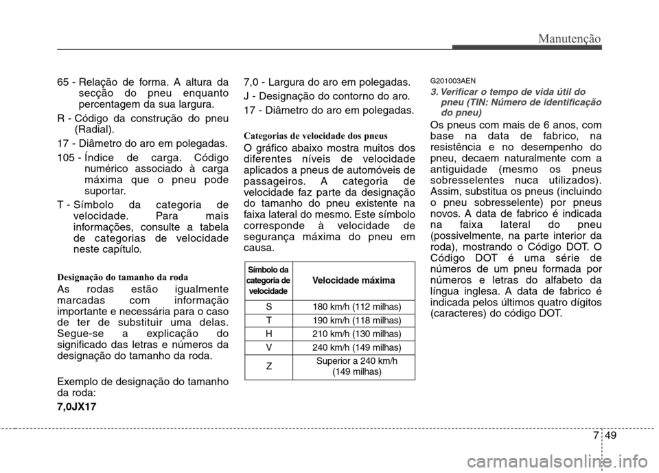 Hyundai H-1 (Grand Starex) 2011 Manual do proprietário (in Portuguese) 749
Manutenção
65 - Relação de forma. A altura dasecção do pneu enquanto
percentagem da sua largura.
R - Código da construção do pneu (Radial).
17 - Diâmetro do aro em polegadas. 105 - Ín Hyundai H-1 (Grand Starex) 2011 Manual do proprietário (in Portuguese) 749
Manutenção
65 - Relação de forma. A altura dasecção do pneu enquanto
percentagem da sua largura.
R - Código da construção do pneu (Radial).
17 - Diâmetro do aro em polegadas. 105 - Ín