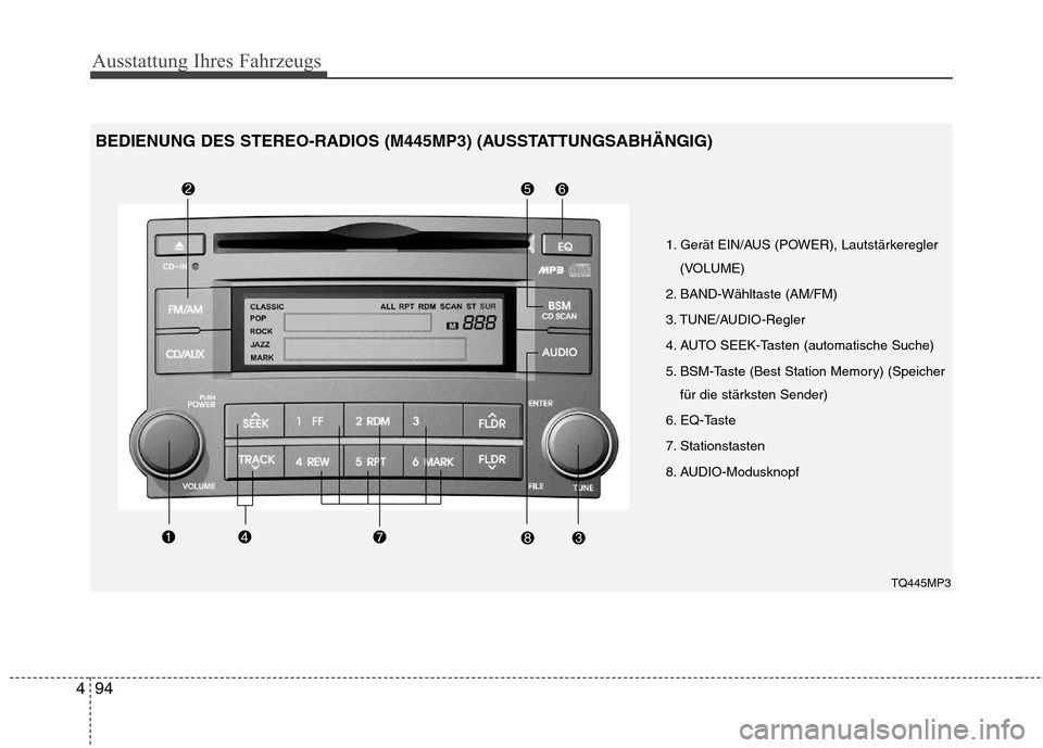 Hyundai H-1 (Grand Starex) 2010  Betriebsanleitung (in German) Ausstattung Ihres Fahrzeugs
94
4
1. Gerät EIN/AUS (POWER), Lautstärkeregler
(VOLUME)
2. BAND-Wähltaste (AM/FM) 
3. TUNE/AUDIO-Regler
4. AUTO SEEK-Tasten (automatische Suche)
5. BSM-Taste (Best Stat