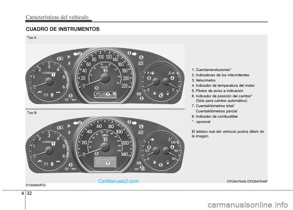 Hyundai H-1 (Grand Starex) 2010 Manual del propietario (in Spanish) Características del vehículo
32
4
CUADRO DE INSTRUMENTOS
1. Cuentarrevoluciones*
2. Indicadores de los intermitentes
3. Velocímetro
4. Indicador de temperatura del motor
5. Pilotos de aviso e indi Hyundai H-1 (Grand Starex) 2010 Manual del propietario (in Spanish) Características del vehículo
32
4
CUADRO DE INSTRUMENTOS
1. Cuentarrevoluciones*
2. Indicadores de los intermitentes
3. Velocímetro
4. Indicador de temperatura del motor
5. Pilotos de aviso e indi