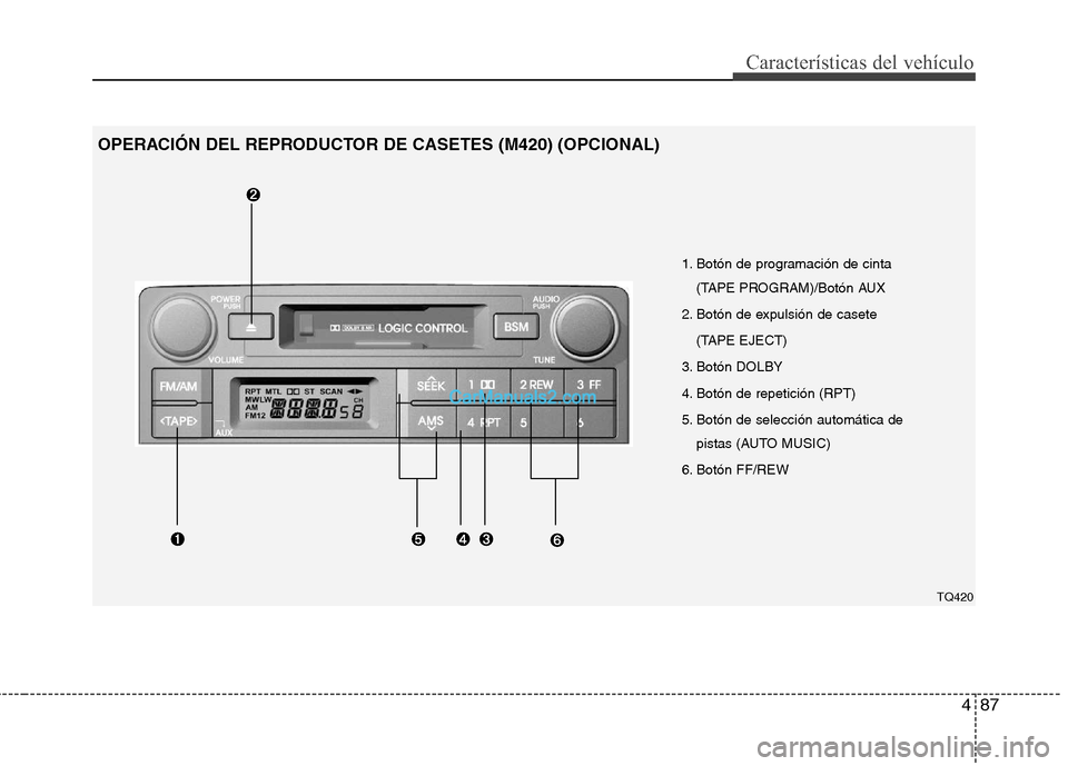 Hyundai H-1 (Grand Starex) 2010 Manual del propietario (in Spanish) 487
Características del vehículo
1. Botón de programación de cinta (TAPE PROGRAM)/Botón AUX
2. Botón de expulsión de casete (TAPE EJECT)
3. Botón DOLBY
4. Botón de repetición (RPT)
5. Botó Hyundai H-1 (Grand Starex) 2010 Manual del propietario (in Spanish) 487
Características del vehículo
1. Botón de programación de cinta (TAPE PROGRAM)/Botón AUX
2. Botón de expulsión de casete (TAPE EJECT)
3. Botón DOLBY
4. Botón de repetición (RPT)
5. Botó