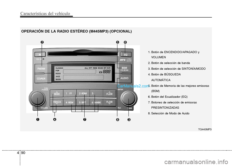 Hyundai H-1 (Grand Starex) 2010 Manual del propietario (in Spanish) Características del vehículo
90
4
1. Botón de ENCENDIDO/APAGADO y
VOLUMEN
2. Botón de selección de banda
3. Botón de selección de SINTONÍA/MODO
4. Botón de BÚSQUEDA AUTOMÁTICA
5. Botón Hyundai H-1 (Grand Starex) 2010 Manual del propietario (in Spanish) Características del vehículo
90
4
1. Botón de ENCENDIDO/APAGADO y
VOLUMEN
2. Botón de selección de banda
3. Botón de selección de SINTONÍA/MODO
4. Botón de BÚSQUEDA AUTOMÁTICA
5. Botón
