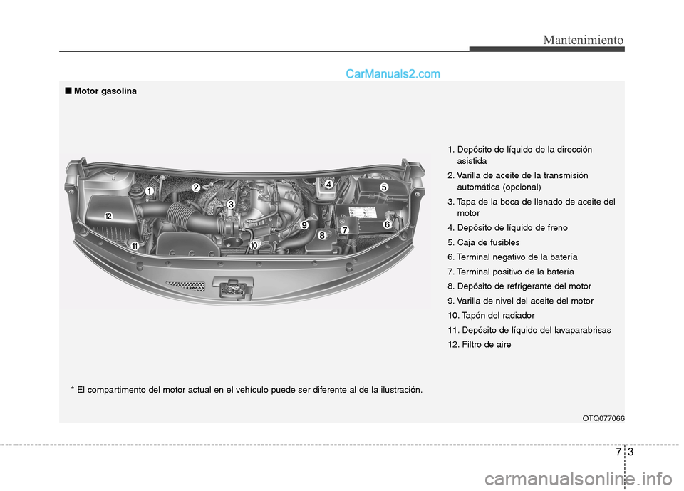 Hyundai H-1 (Grand Starex) 2010 Manual del propietario (in Spanish) 73
Mantenimiento
OTQ077066
1. Depósito de líquido de la dirección
asistida
2. Varilla de aceite de la transmisión automática (opcional)
3. Tapa de la boca de llenado de aceite del motor
4. Depós Hyundai H-1 (Grand Starex) 2010 Manual del propietario (in Spanish) 73
Mantenimiento
OTQ077066
1. Depósito de líquido de la dirección
asistida
2. Varilla de aceite de la transmisión automática (opcional)
3. Tapa de la boca de llenado de aceite del motor
4. Depós