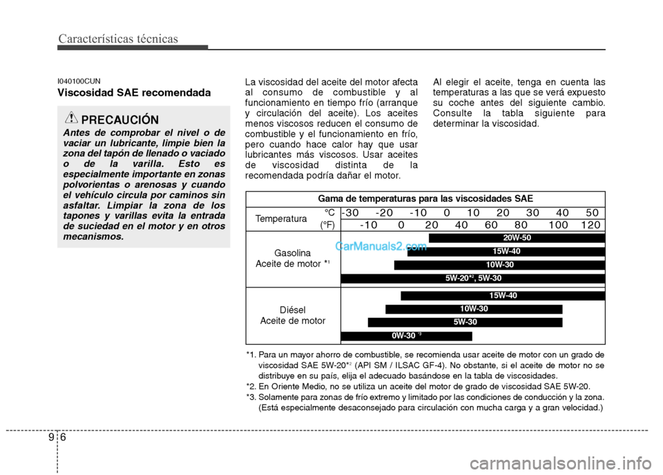Hyundai H-1 (Grand Starex) 2010 Manual del propietario (in Spanish) Características técnicas
6
9
I040100CUN Viscosidad SAE recomendada La viscosidad del aceite del motor afecta
al consumo de combustible y al
funcionamiento en tiempo frío (arranque
y circulación d Hyundai H-1 (Grand Starex) 2010 Manual del propietario (in Spanish) Características técnicas
6
9
I040100CUN Viscosidad SAE recomendada La viscosidad del aceite del motor afecta
al consumo de combustible y al
funcionamiento en tiempo frío (arranque
y circulación d