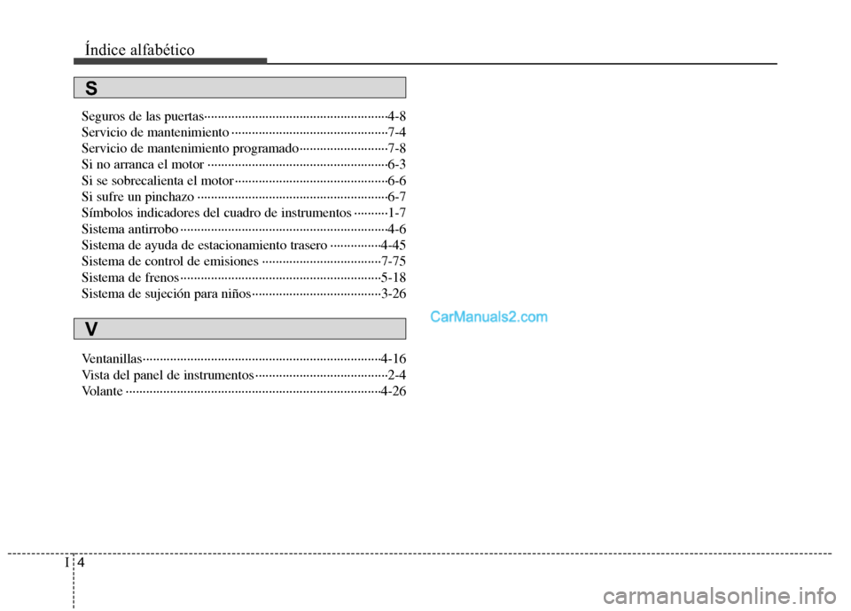 Hyundai H-1 (Grand Starex) 2010 Manual del propietario (in Spanish) Índice alfabético
4
I
Seguros de las puertas······················································4-8
Servicio de mantenimiento ······· Hyundai H-1 (Grand Starex) 2010 Manual del propietario (in Spanish) Índice alfabético
4
I
Seguros de las puertas······················································4-8
Servicio de mantenimiento ·······