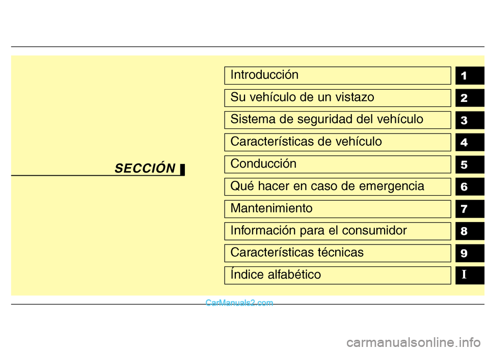 Hyundai H-1 (Grand Starex) 2010  Manual del propietario (in Spanish) 1 2 3 4 5 6 789Introducción
Su vehículo de un vistazo
Sistema de seguridad del vehículo
Características de vehículo
Conducción
Qué hacer en caso de emergencia
Mantenimiento
Información para el