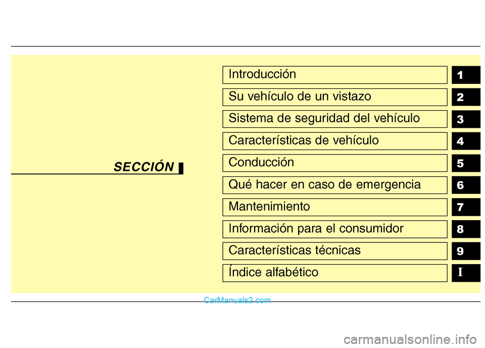 Hyundai H-1 (Grand Starex) 2010 Manual del propietario (in Spanish) 1 2 3 4 5 6 789Introducción
Su vehículo de un vistazo
Sistema de seguridad del vehículo
Características de vehículo
Conducción
Qué hacer en caso de emergencia
Mantenimiento
Información para el Hyundai H-1 (Grand Starex) 2010 Manual del propietario (in Spanish) 1 2 3 4 5 6 789Introducción
Su vehículo de un vistazo
Sistema de seguridad del vehículo
Características de vehículo
Conducción
Qué hacer en caso de emergencia
Mantenimiento
Información para el