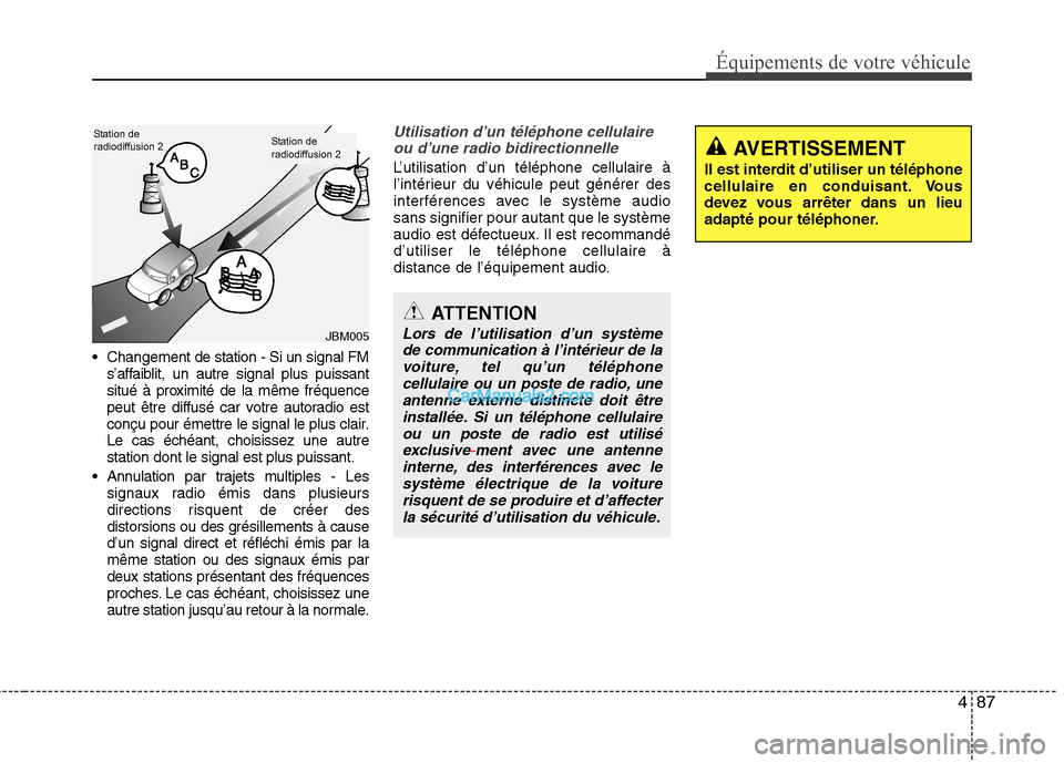 Hyundai H-1 (Grand Starex) 2010  Manuel du propriétaire (in French) 487
Équipements de votre véhicule
 Changement de station - Si un signal FMs’affaiblit, un autre signal plus puissant 
situé à proximité de la même fréquence
peut être diffusé car votre auto