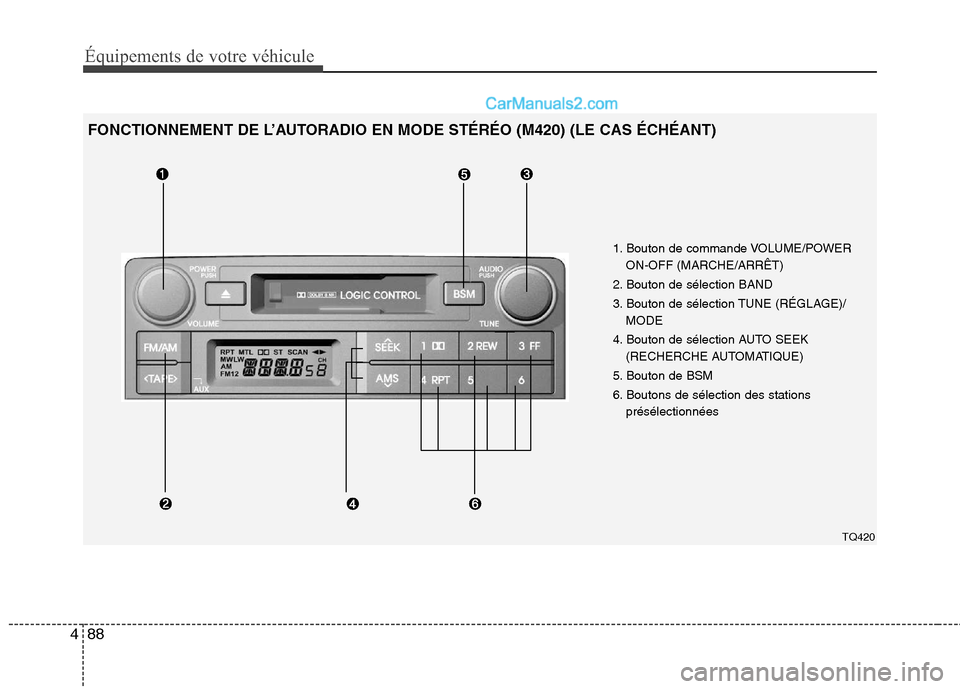 Hyundai H-1 (Grand Starex) 2010  Manuel du propriétaire (in French) Équipements de votre véhicule
88
4
1. Bouton de commande VOLUME/POWER
ON-OFF (MARCHE/ARRÊT)
2. Bouton de sélection BAND 
3. Bouton de sélection TUNE (RÉGLAGE)/ MODE
4. Bouton de sélection AUTO 