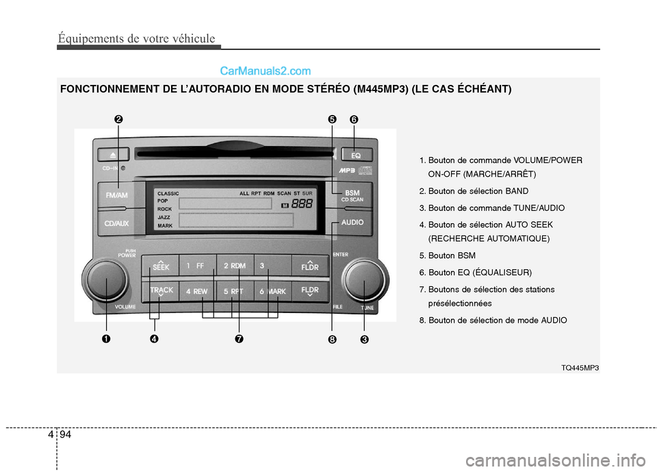 Hyundai H-1 (Grand Starex) 2010  Manuel du propriétaire (in French) Équipements de votre véhicule
94
4
1. Bouton de commande VOLUME/POWER
ON-OFF (MARCHE/ARRÊT)
2. Bouton de sélection BAND 
3. Bouton de commande TUNE/AUDIO 
4. Bouton de sélection AUTO SEEK (RECHER