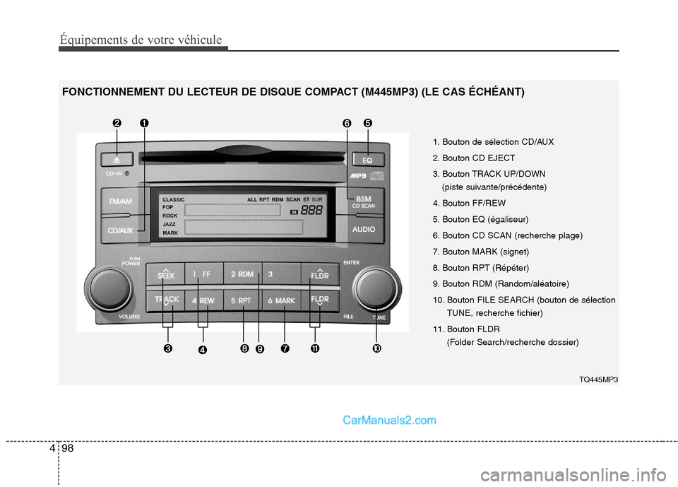 Hyundai H-1 (Grand Starex) 2010  Manuel du propriétaire (in French) Équipements de votre véhicule
98
4
1. Bouton de sélection CD/AUX 
2. Bouton CD EJECT
3. Bouton TRACK UP/DOWN 
(piste suivante/précédente)
4. Bouton FF/REW
5. Bouton EQ (égaliseur)
6. Bouton CD S