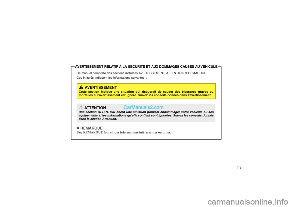 Hyundai H-1 (Grand Starex) 2010  Manuel du propriétaire (in French) F3
Ce manuel comporte des sections intitulées AVERTISSEMENT, ATTENTION et REMARQUE. 
Ces intitulés indiquent les informations suivantes :
✽✽
  
REMARQUE
Une REMARQUE fournit des informations int