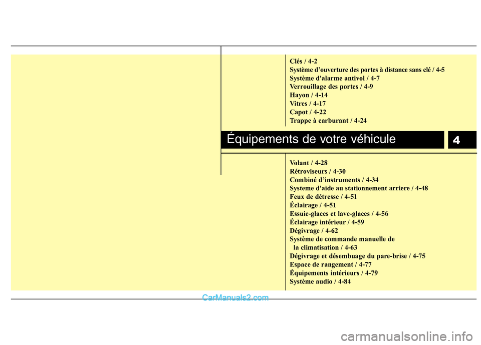 Hyundai H-1 (Grand Starex) 2010  Manuel du propriétaire (in French) 4
Clés / 4-2 
Système d’ouverture des portes à distance sans clé / 4-5
Système dalarme antivol / 4-7
Verrouillage des portes / 4-9
Hayon / 4-14
Vitres / 4-17
Capot / 4-22
Trappe à carburant /