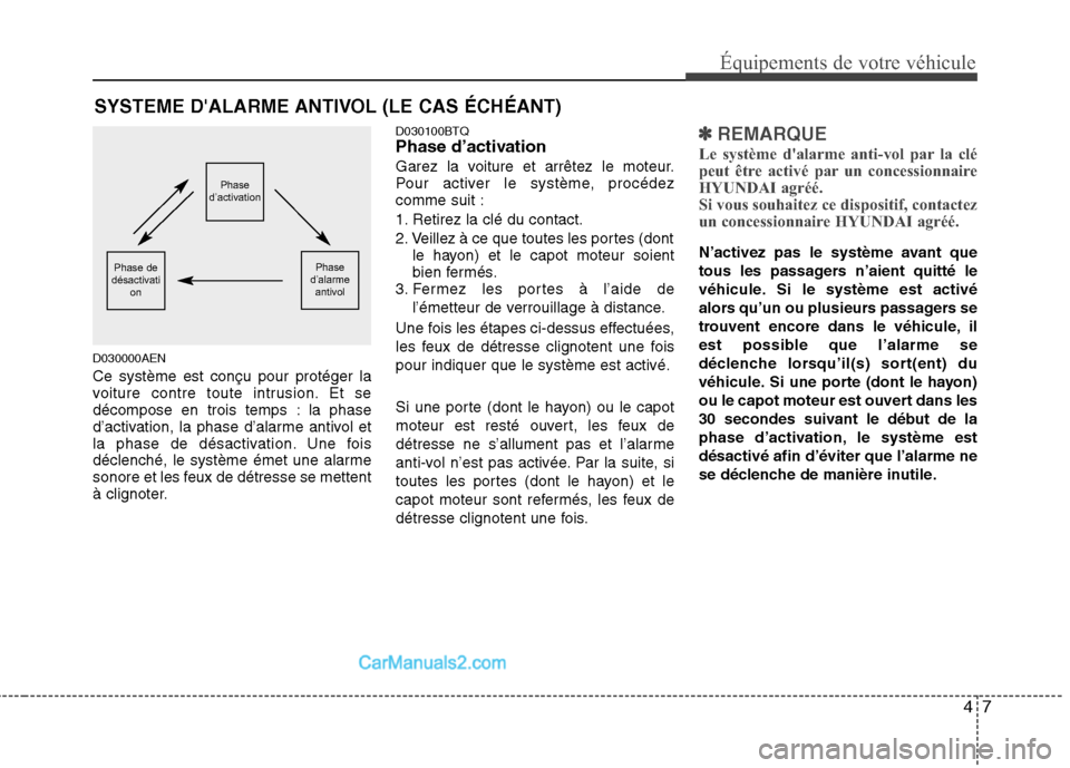 Hyundai H-1 (Grand Starex) 2010 Manuel du propriétaire (in French) 47
Équipements de votre véhicule
D030000AEN Ce système est conçu pour protéger la
voiture contre toute intrusion. Et se
décompose en trois temps : la phase
d’activation, la phase d’alarme a Hyundai H-1 (Grand Starex) 2010 Manuel du propriétaire (in French) 47
Équipements de votre véhicule
D030000AEN Ce système est conçu pour protéger la
voiture contre toute intrusion. Et se
décompose en trois temps : la phase
d’activation, la phase d’alarme a