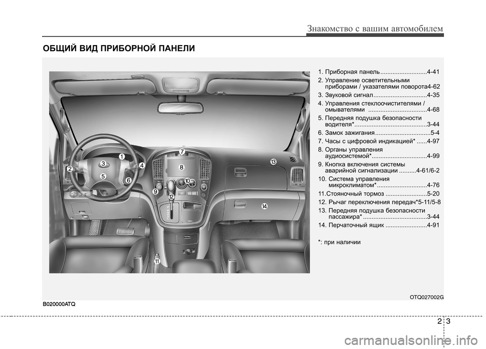 Hyundai H-1 (Grand Starex) 2010  Инструкция по эксплуатации (in Russian) ОБЩИЙ ВИД ПРИБОРНОЙ ПАНЕЛИ
23
Знакомство с вашим автомобилем
B020000ATQ
1. Приборная панель ...........................4-41 
2. Упр