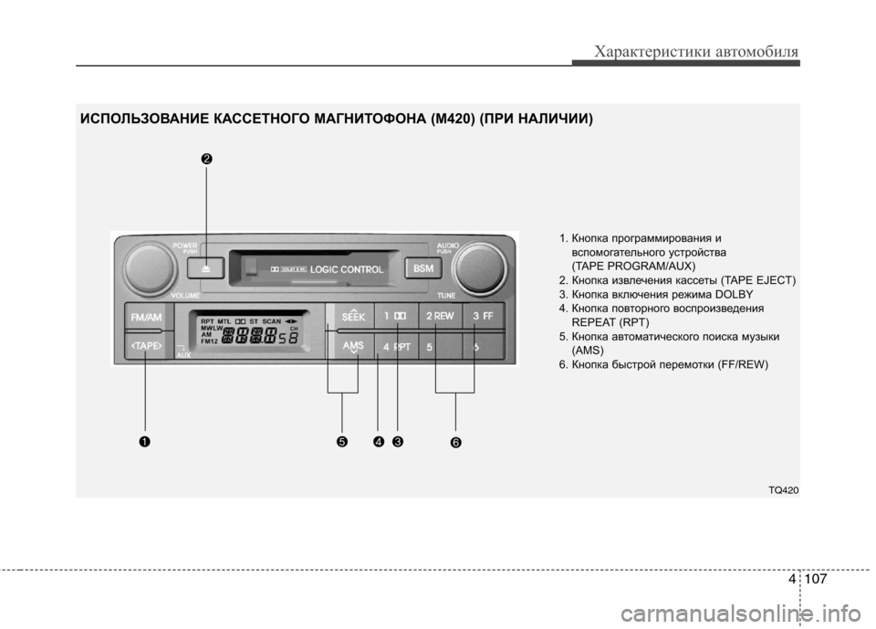 Hyundai H-1 (Grand Starex) 2010 Инструкция по эксплуатации (in Russian) 4107
Характеристики автомобиля
1. Кнопка программирования ивспомогательного устройства
(TAPE PROGRAM/AUX)
2. Кнопка и Hyundai H-1 (Grand Starex) 2010 Инструкция по эксплуатации (in Russian) 4107
Характеристики автомобиля
1. Кнопка программирования ивспомогательного устройства
(TAPE PROGRAM/AUX)
2. Кнопка и