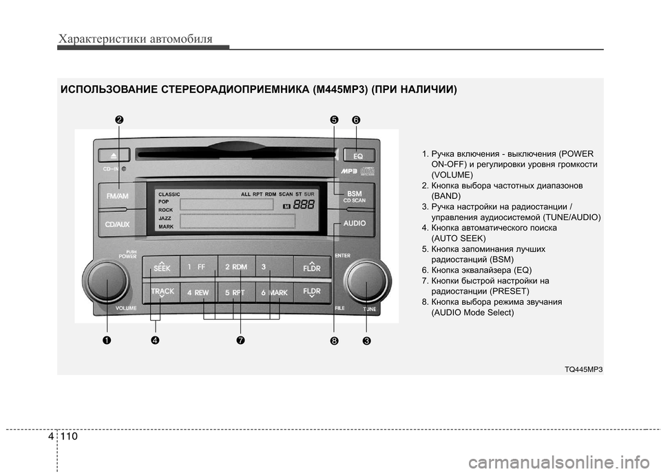 Hyundai H-1 (Grand Starex) 2010  Инструкция по эксплуатации (in Russian) Характеристики автомобиля
110
4
1. Ручка включения - выключения (POWER
ON-OFF) и регулировки уровня громкости 
(VOLUME) 
2. �